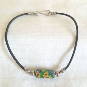 Vintage Silver Black Leather Bead Ankle Bracelet